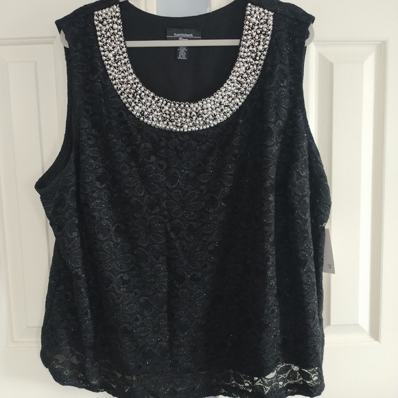 R & M Richards Tops - R&M Richards Woman Pearl and Rhinestone Trim Neck Black Lace Top 3X